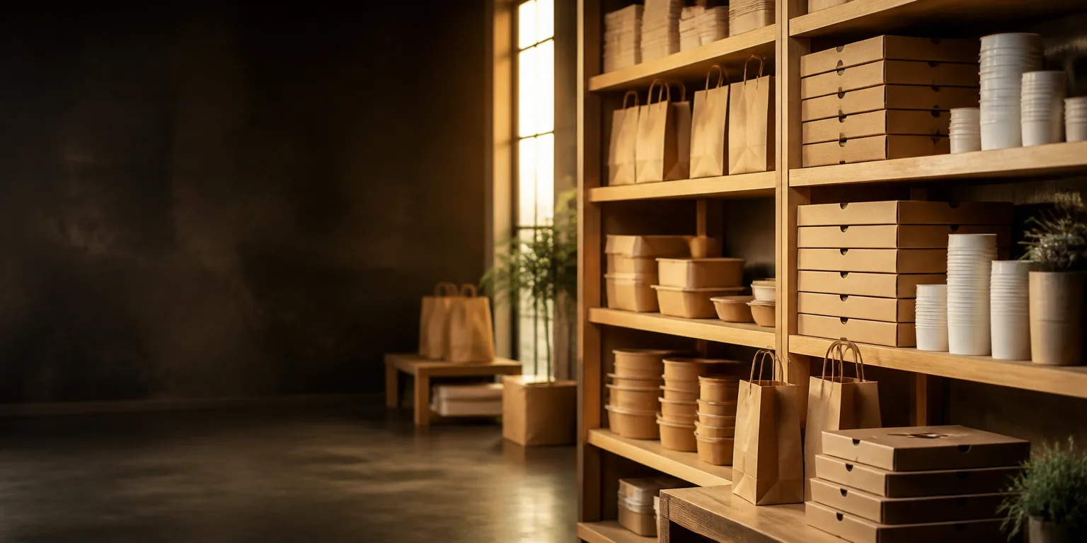 Kraft boxes, cups and carry bags stocked on warehouse shelving