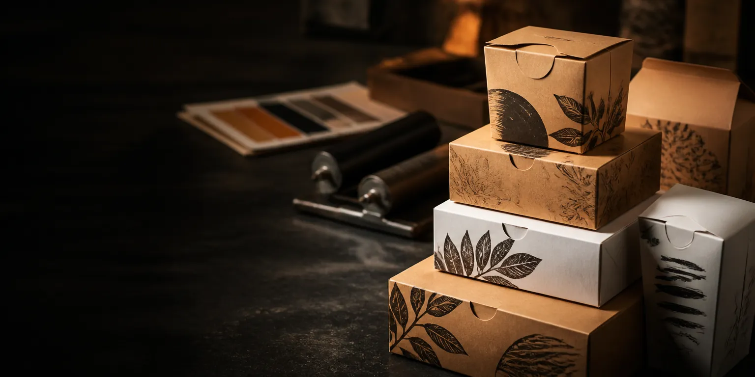 Custom-printed kraft and white packaging boxes