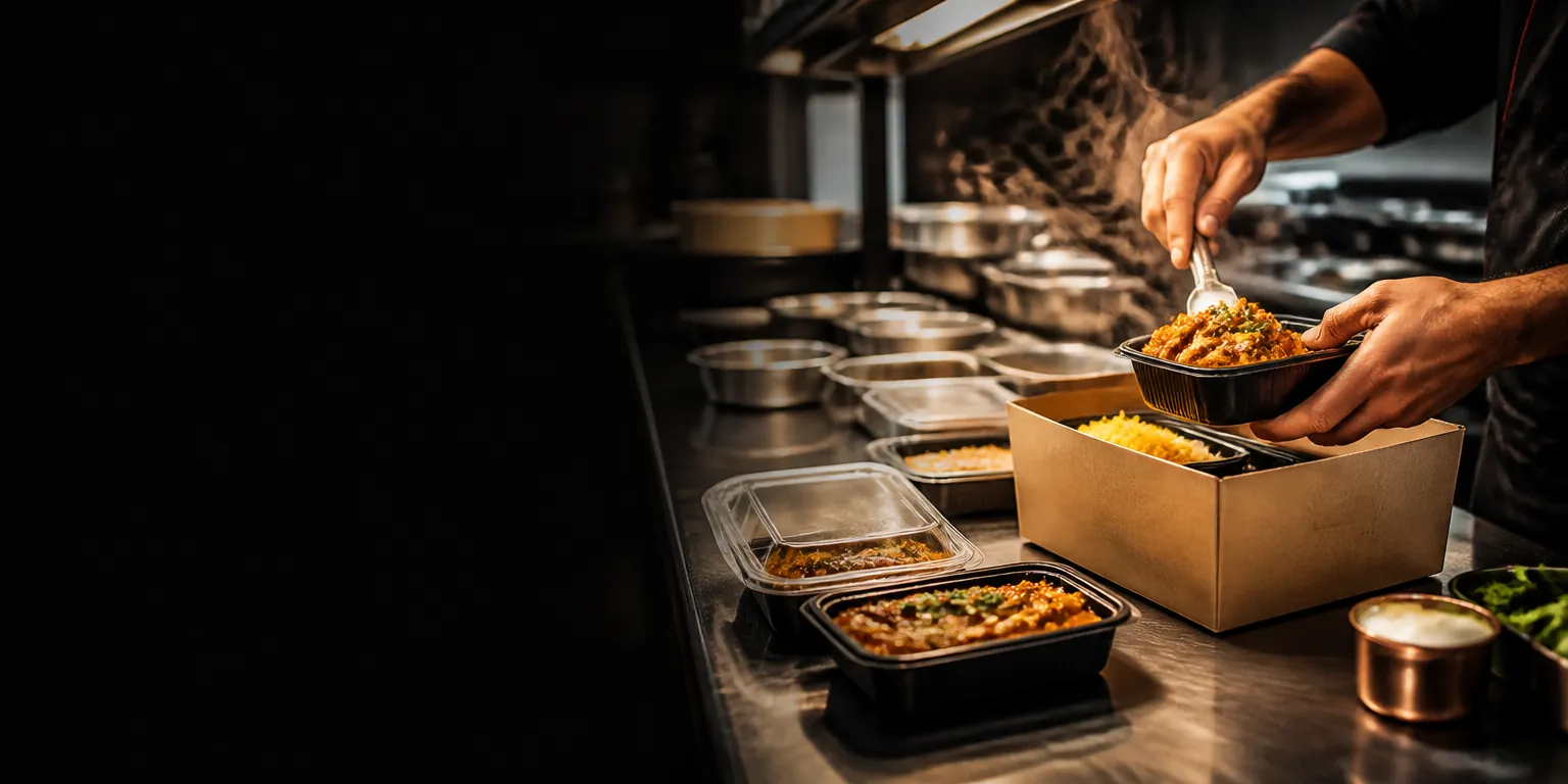 Hot meal being packed into leak-proof delivery containers